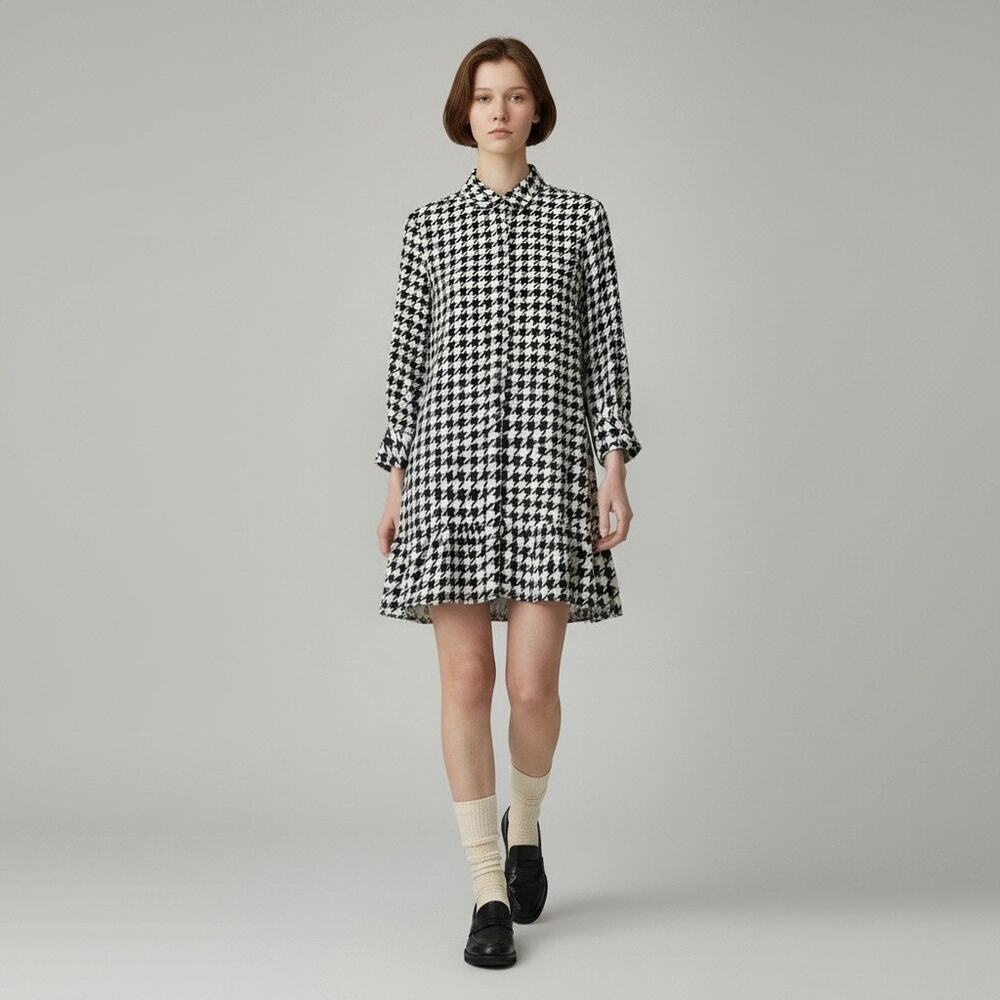 NWT Sanctuary Houndstooth Button-Front Shirt Dress Ruffle Hem Black Cream Small